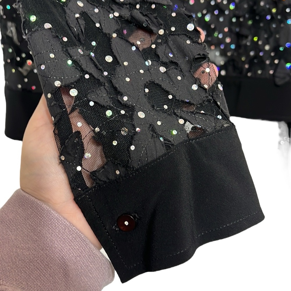 Joseph Ribkoff Black Cardigan Blouse Womans Size 14 Sheer Cutout Sparkle Vintage - Picture 4 of 10